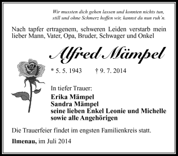 Traueranzeige von Alfred Mämpel von Südthüringer Presse
