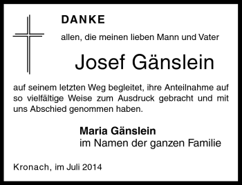 Traueranzeige von Josef Gänslein von Neue Presse Coburg