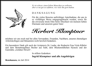Traueranzeige von Herbert Klemptner von Südthüringer Presse