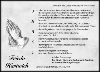 Traueranzeige von Frieda Hartwich von Südthüringer Presse