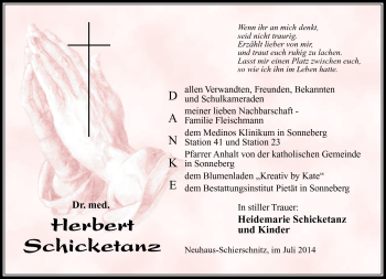 Traueranzeige von Herbert Schicketanz von Südthüringer Presse