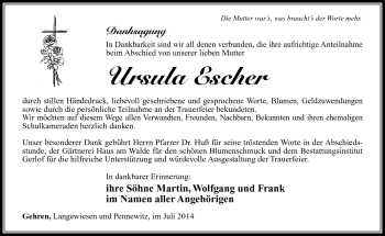 Traueranzeige von Ursula Escher von Südthüringer Presse