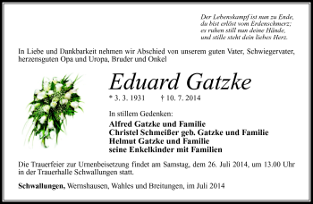 Traueranzeige von Eduard Gatzke von Südthüringer Presse