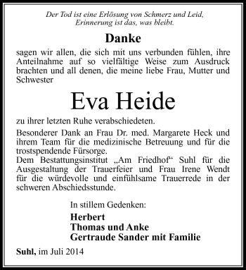 Traueranzeige von Eva Heide von Südthüringer Presse