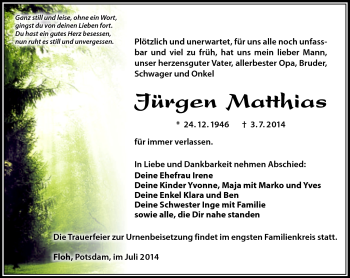 Traueranzeige von Jürgen Matthias von Südthüringer Presse