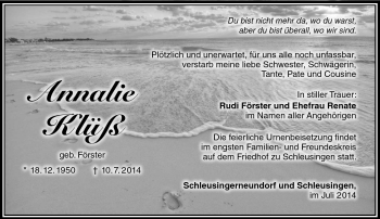 Traueranzeige von Annalie Klüß von Südthüringer Presse