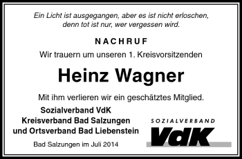 Traueranzeige von Heinz Wagner von Südthüringer Presse