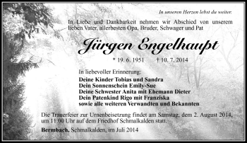 Traueranzeige von Jürgen Engelhaupt von Südthüringer Presse