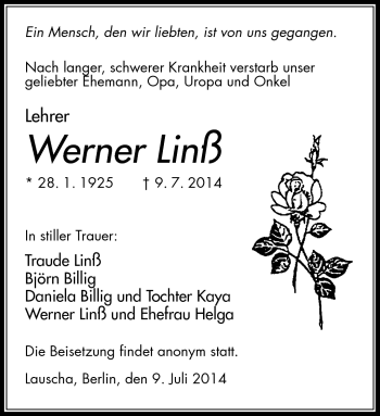 Traueranzeige von Werner Linß von Südthüringer Presse