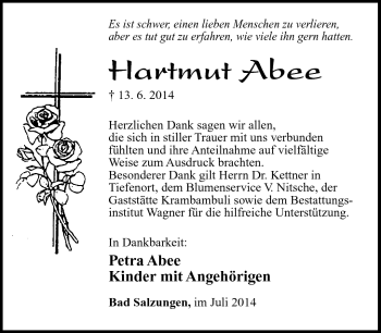 Traueranzeige von Hartmut Abee von Südthüringer Presse