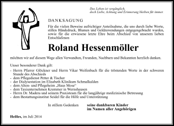 Traueranzeige von Roland Hessenmöller von Südthüringer Presse