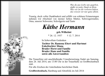 Traueranzeige von Käthe Hermann von Südthüringer Presse