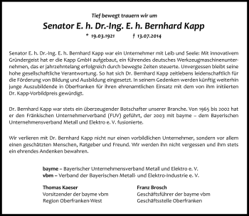 Traueranzeige von Bernhard Kapp von Neue Presse Coburg