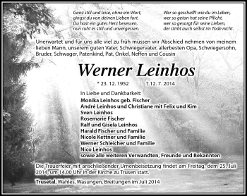 Traueranzeige von Werner Leinhos von Südthüringer Presse