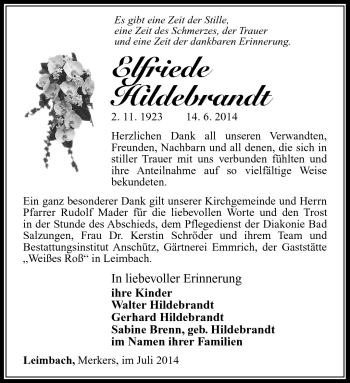 Traueranzeige von Elfriede Hildebrandt von Südthüringer Presse