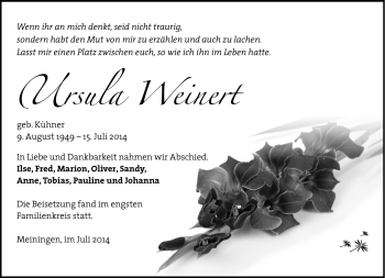 Traueranzeige von ursula Weinert von Südthüringer Presse