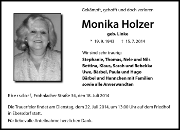 Traueranzeige von Monika Holzer von Neue Presse Coburg