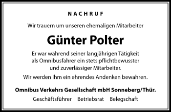 Traueranzeige von Günter Polter von Südthüringer Presse
