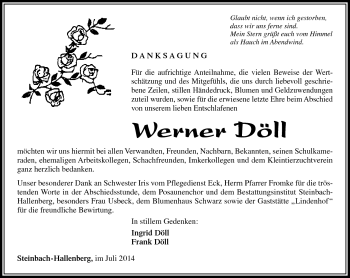 Traueranzeige von Werner Döll von Südthüringer Presse