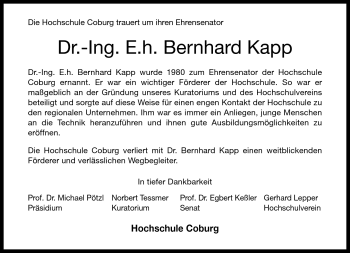 Traueranzeige von Bernhard Kapp von Neue Presse Coburg