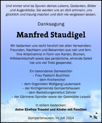 Traueranzeige von Manfred Staudigel von Südthüringer Presse