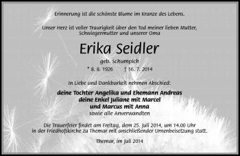 Traueranzeige von Erika Seidler von Südthüringer Presse