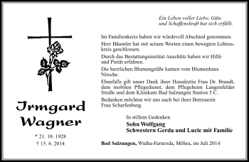 Traueranzeige von Irmgard Wagner von Südthüringer Presse