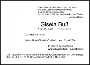 Traueranzeige von Gisela Buß von Frankenpost