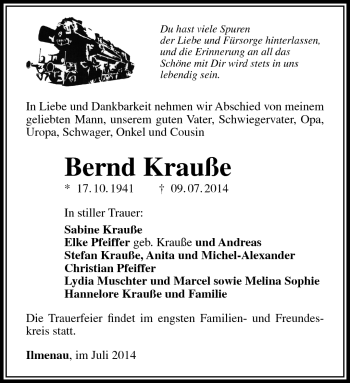 Traueranzeige von Bernd Krauße von Südthüringer Presse