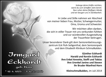Traueranzeige von Irmgard Eckhardt von Südthüringer Presse