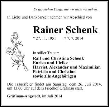 Traueranzeige von Rainer Schenk von Südthüringer Presse