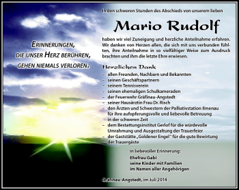 Traueranzeige von Mario Rudolf von Südthüringer Presse