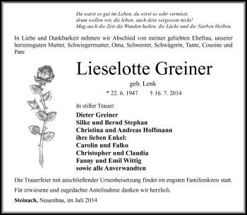 Traueranzeige von Lieselotte Greiner von Südthüringer Presse