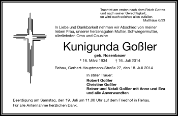 Traueranzeige von Kunigunda Goßler von Frankenpost