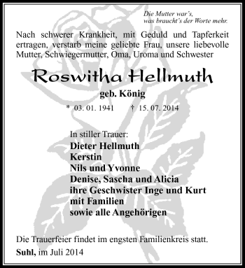 Traueranzeige von Roswitha Hellmuth von Südthüringer Presse