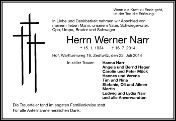 Traueranzeige von Werner Narr von Frankenpost