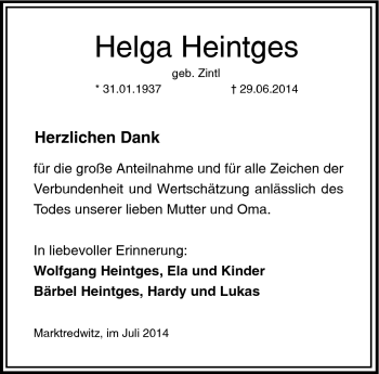 Traueranzeige von Helga Heintges von Frankenpost
