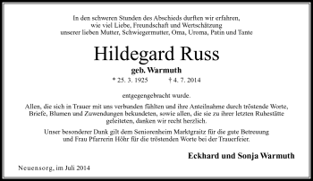 Traueranzeige von Hildegard Russ von Neue Presse Coburg