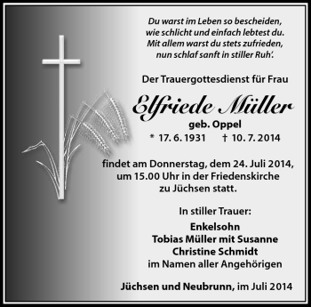 Traueranzeige von Elfriede Müller von Südthüringer Presse