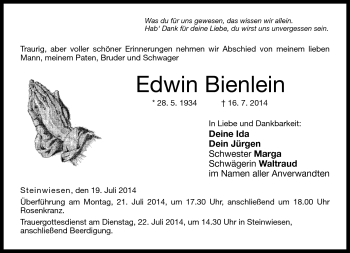 Traueranzeige von Edwin Bienlein von Neue Presse Coburg