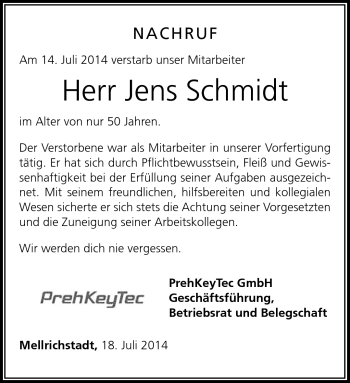 Traueranzeige von Jens Schmidt von Südthüringer Presse