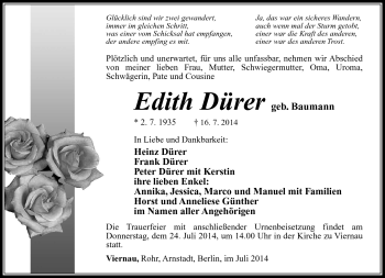 Traueranzeige von Edith Dürer von Südthüringer Presse