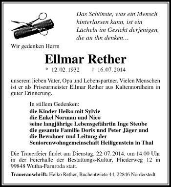 Traueranzeige von Ellmar Rether von Südthüringer Presse