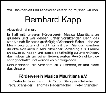 Traueranzeige von Bernhard Kapp von Neue Presse Coburg