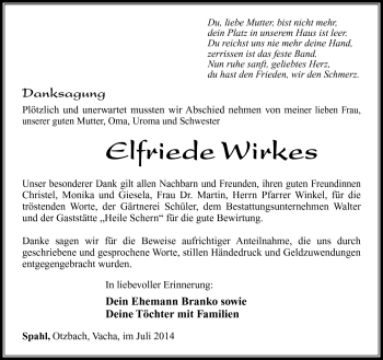 Traueranzeige von Elfriede Wirkes von Südthüringer Presse
