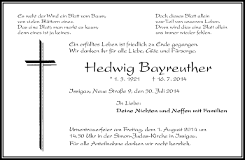 Traueranzeige von Hedwig Bayreuther von Frankenpost