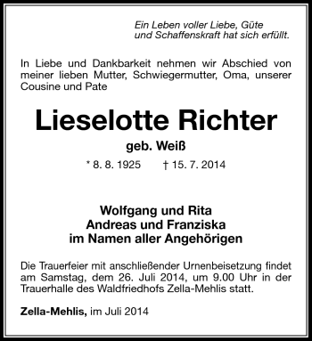 Traueranzeige von Lieselotte Richter von Südthüringer Presse