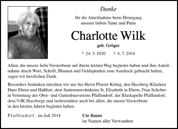 Traueranzeige von Charlotte Wilk von Neue Presse Coburg