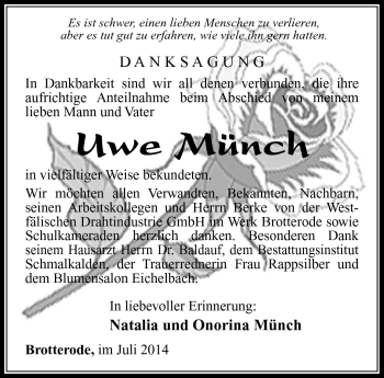 Traueranzeige von Uwe Münch von Südthüringer Presse