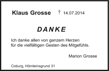 Traueranzeige von Klaus Grosse von Neue Presse Coburg